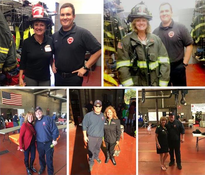 Several photos of SERVPRO employees standing with firefighters 