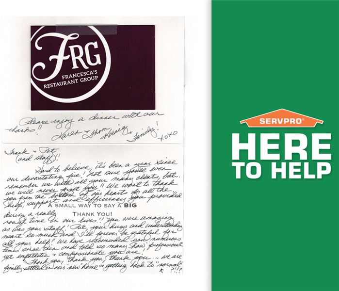 A thank you letter to SERVPRO from a fire damage customer